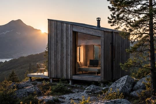 Tiny House aus Holz mit Glasfront und Terrasse auf einem Felsen, dahinter Berge im Gegenlicht