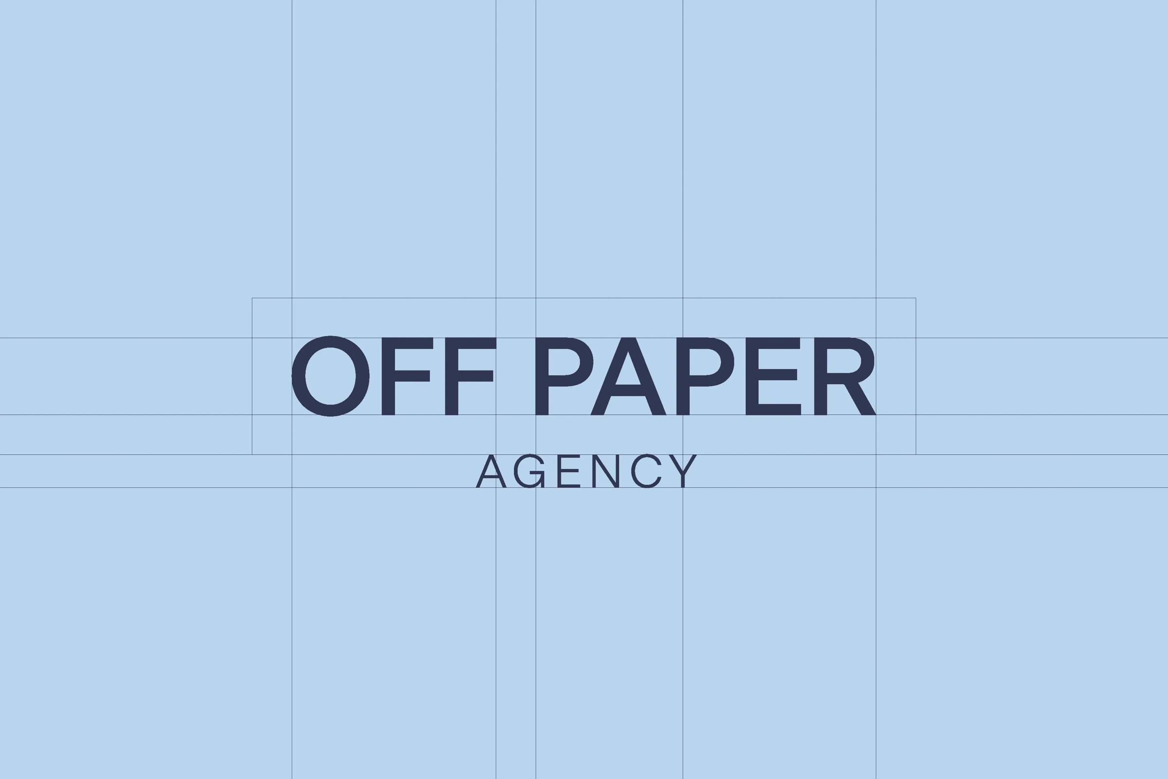 Wortmarke „OFF PAPER Agency“ mit Hilfslinien auf hellem Denim