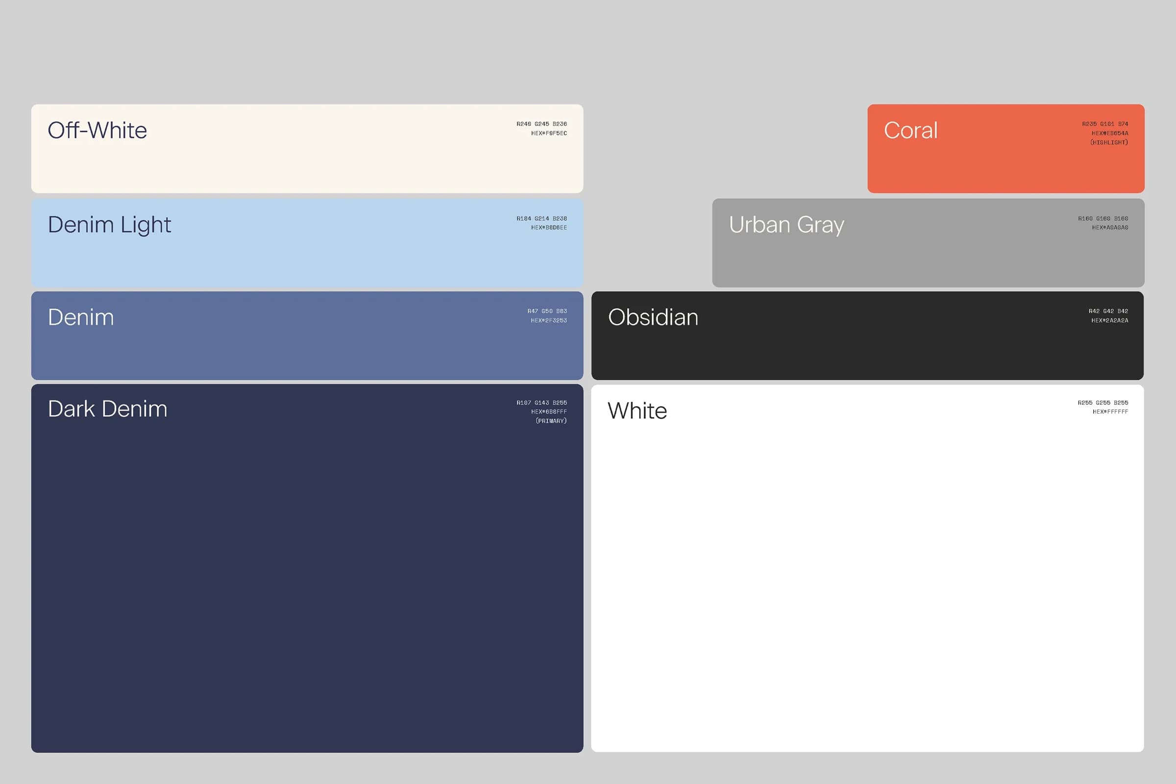Farbsystem: Off-White, Denim Light, Denim, Dark Denim, Coral, Urban Gray, Obsidian, White