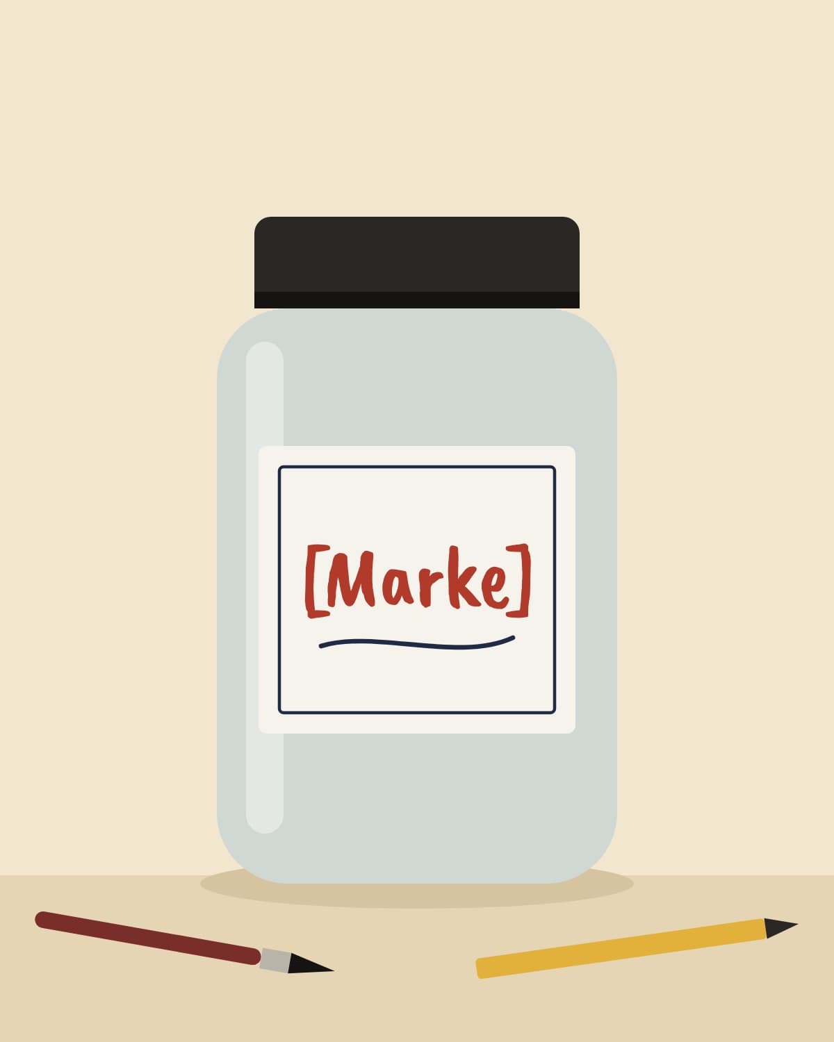 Skizze: Glas mit Etikett „[Marke]“, davor Pinsel und Bleistift